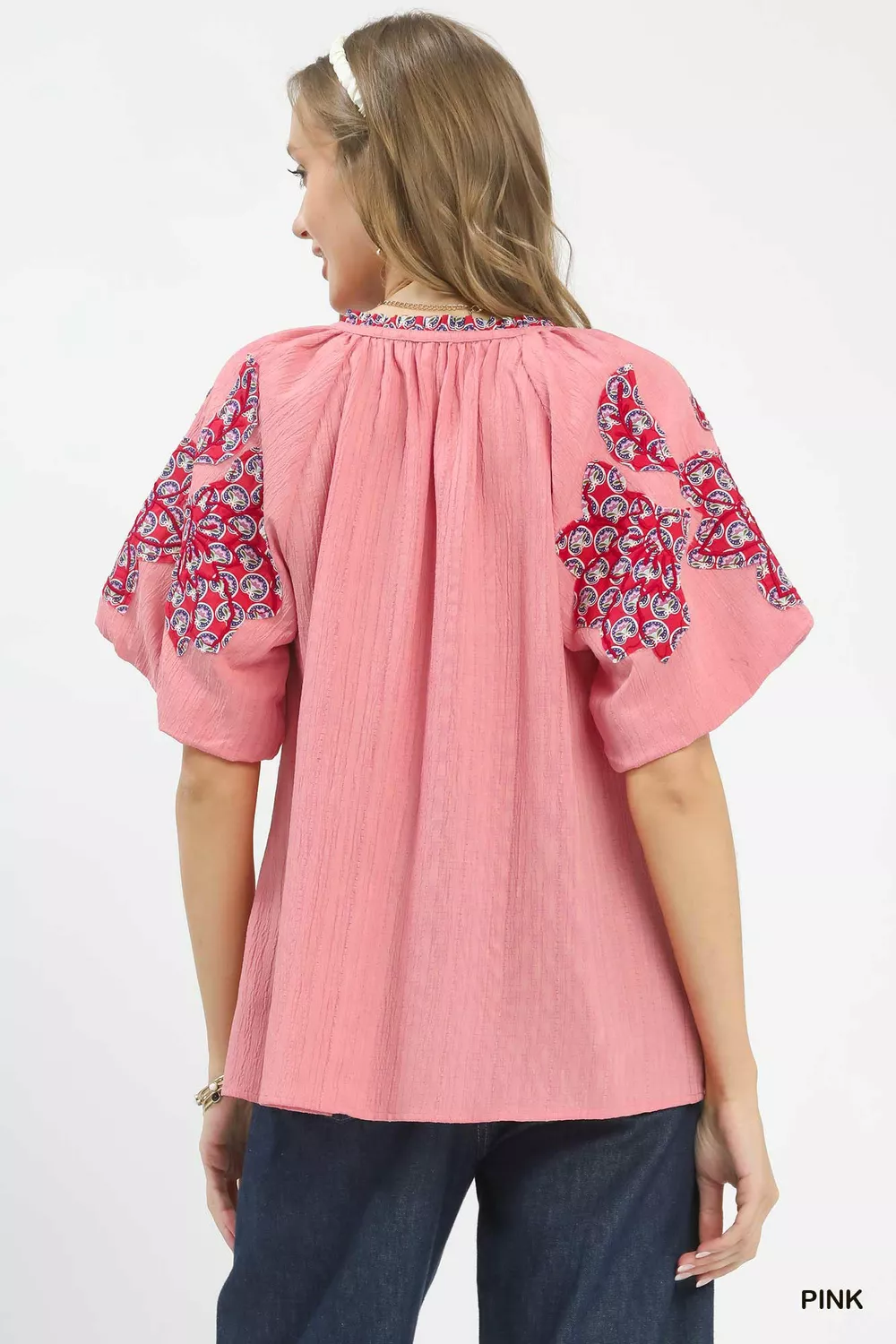 Embroidered Sleeve Contrast Trim Top, image 4
