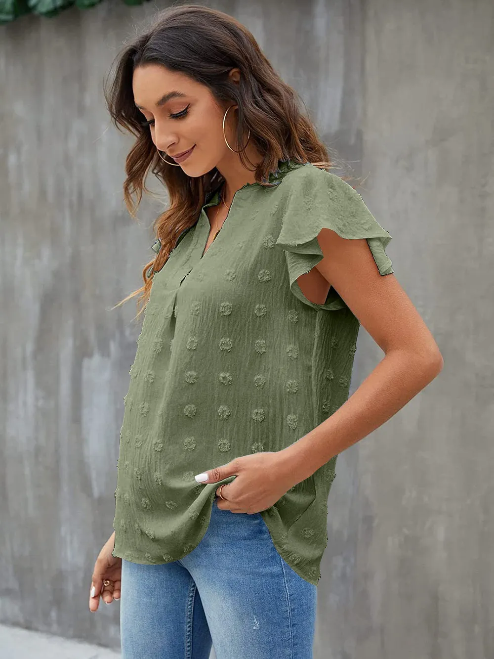 Swiss Dot Notched Flutter Sleeve Blouse, image 18