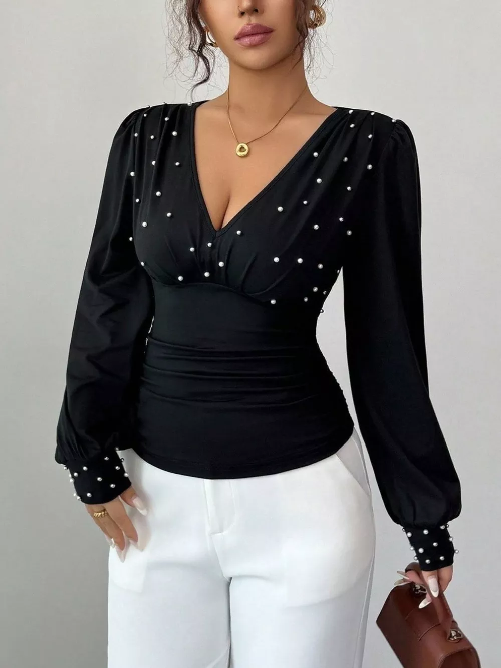 Pearl Embellished V-Neck Blouse, image 2