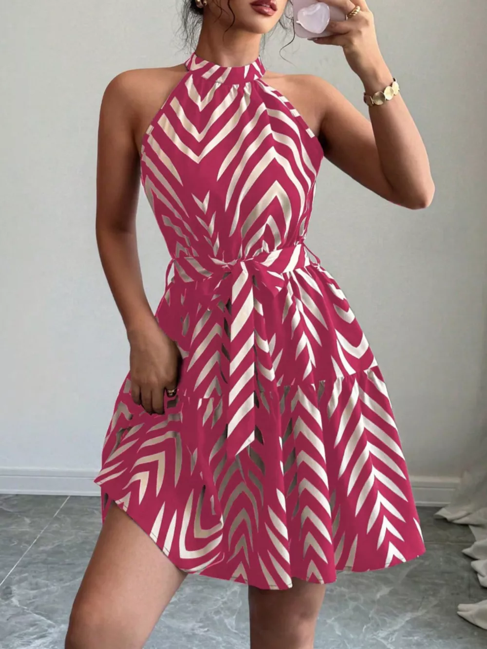 Zebra Print Halter Neck Tie Waist Ruffle Hem Dress, image 11