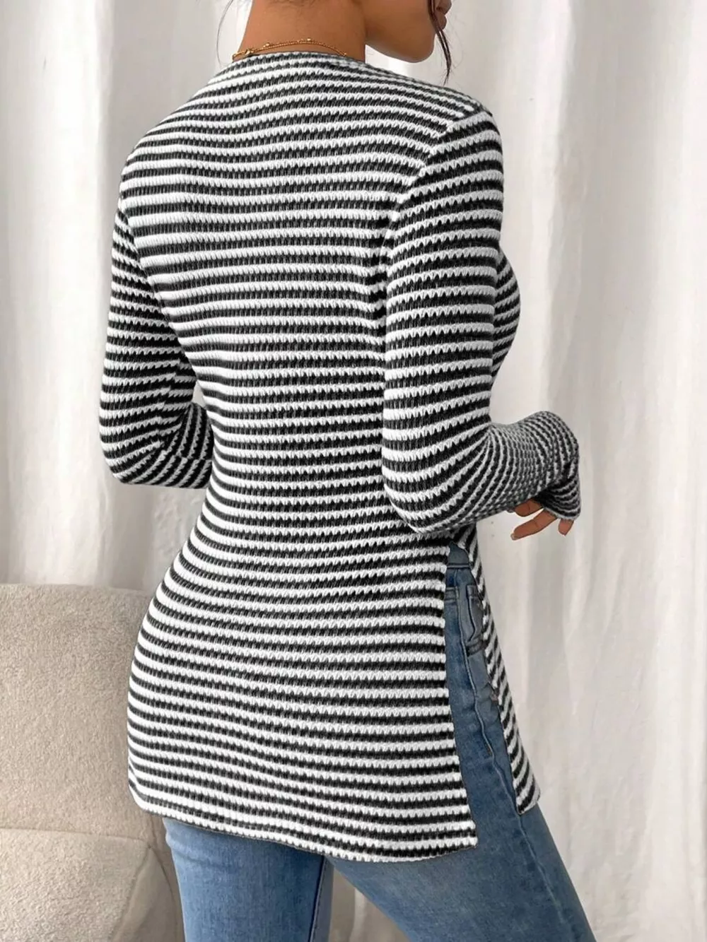 Slit Striped Long Sleeve Casual T-Shirt, image 3