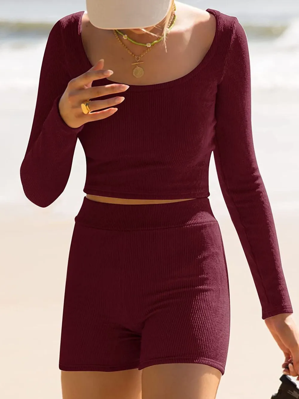 Scoop Neck Long Sleeve Top and Shorts Set, image 25