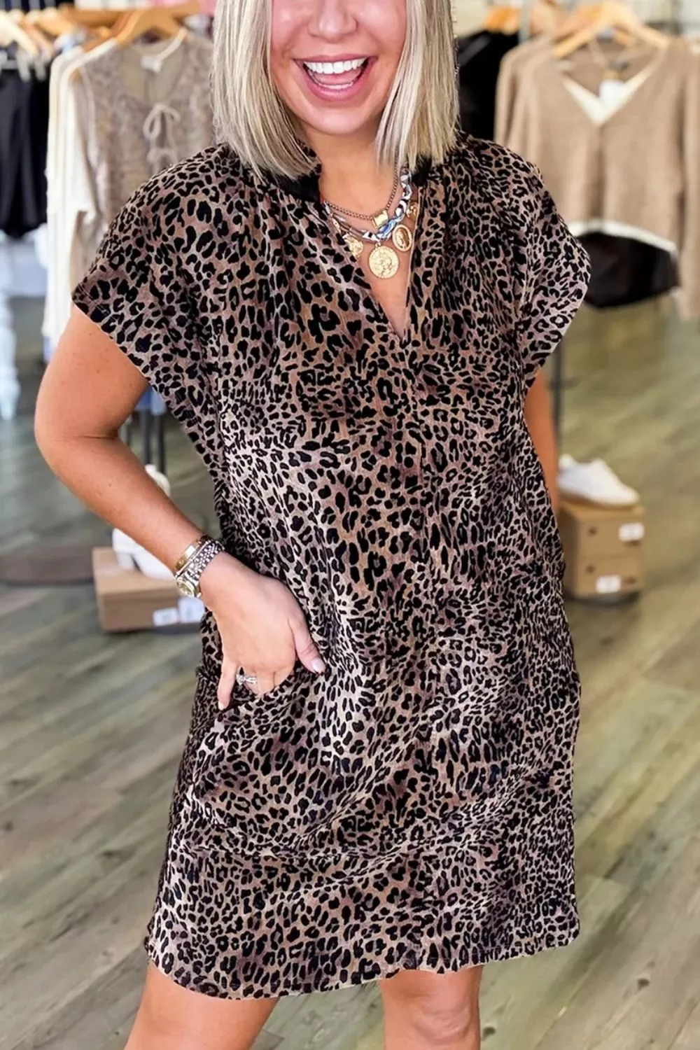 Leopard Print Short Sleeve Mini Shift Silhouette Dress, image 3