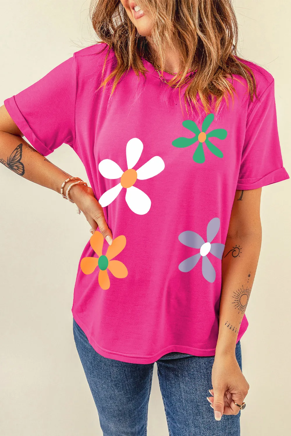 Flower Round Neck Short Sleeve T-Shirt, image 5