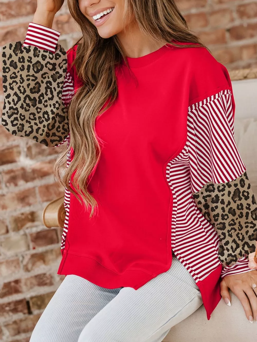 Striped Patchwork Sleeve Colorblock Sweatshirt, image 2