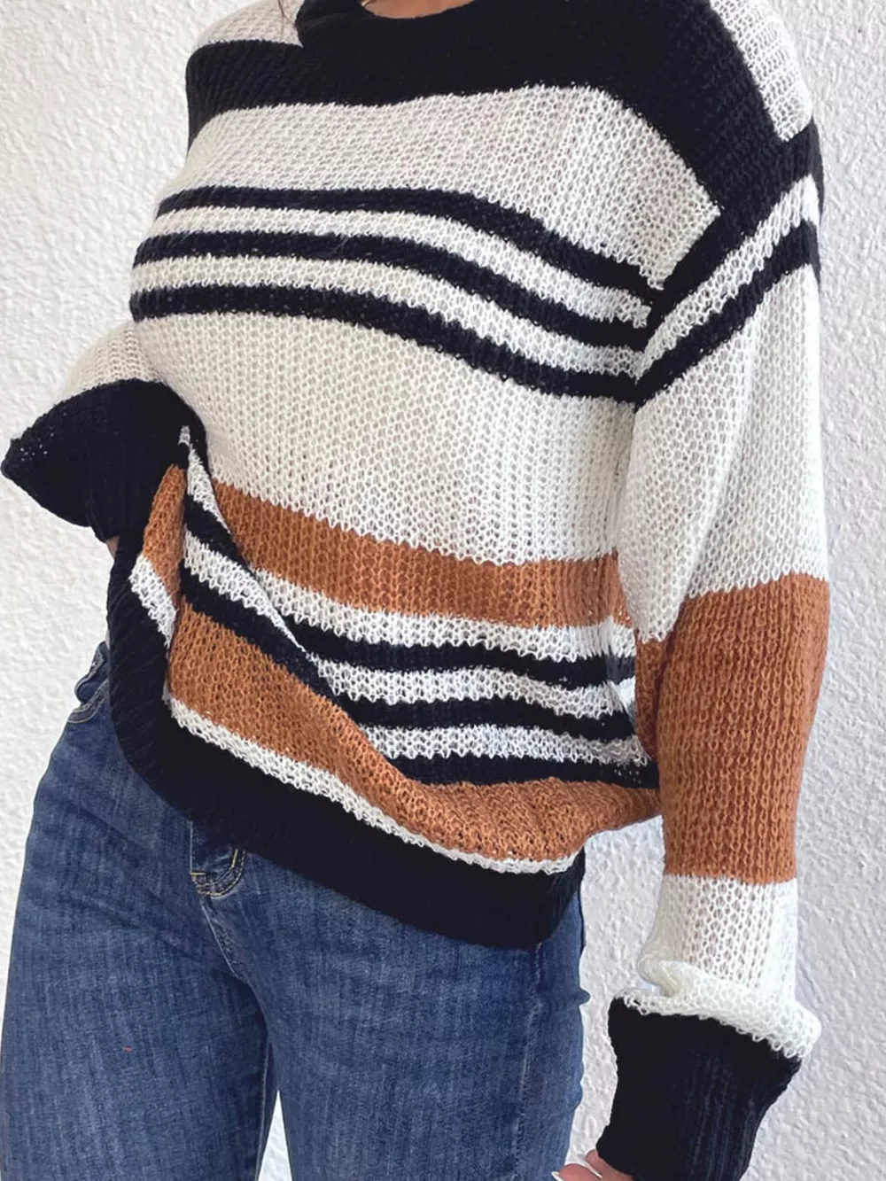 Striped Round Neck Knit Sweaer, image 7