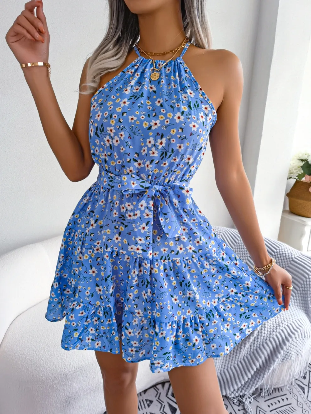 Tied Printed Grecian Neck Mini Dress, image 8