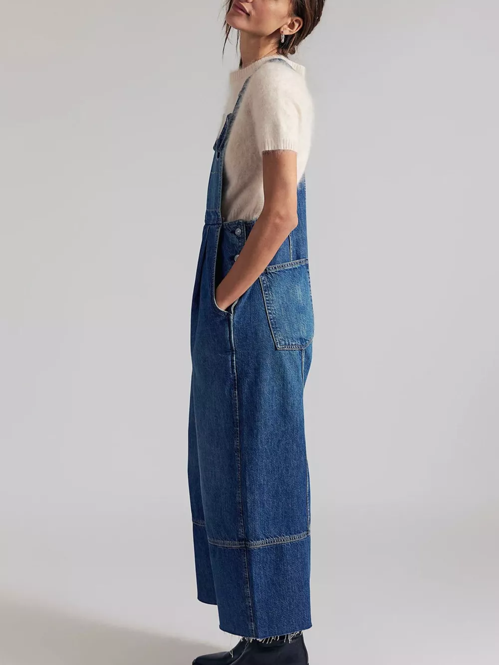 Raw Hem Wide-Leg Denim Overalls, image 6