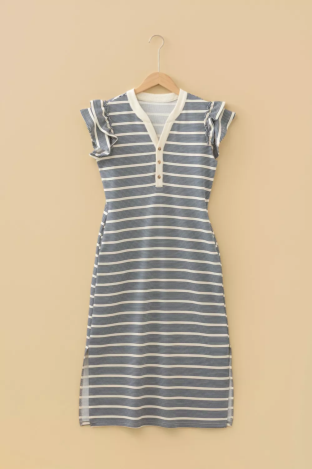 Stripe Ruffled Short Sleeve Contrast Trim Button Notched Neck Midi Dress, image 5