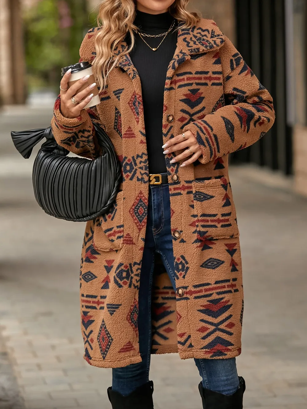 Geometric Pocketed Dropped Shoulder Coat, image 6