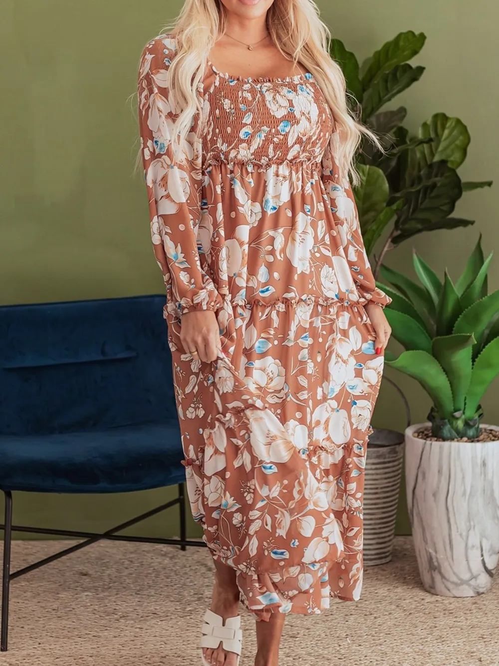 Smocked Printed Long Sleeve Tiered Dress, image 5