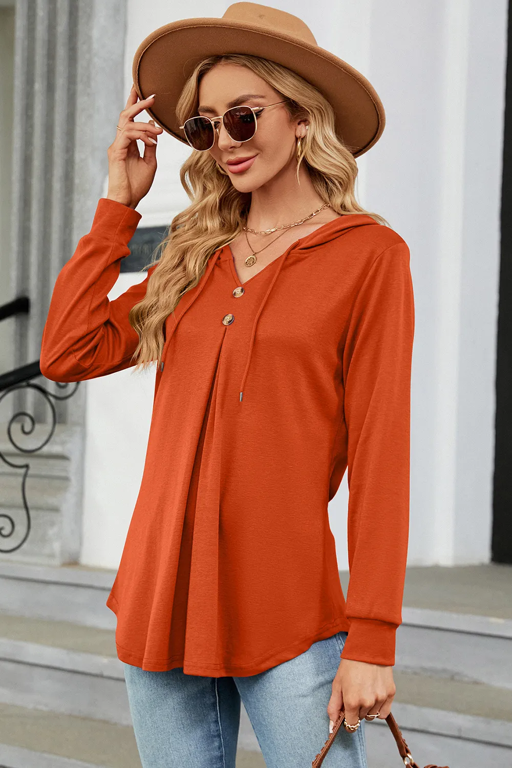 Decorative Button Drawstring Long Sleeve Hoodie, image 4
