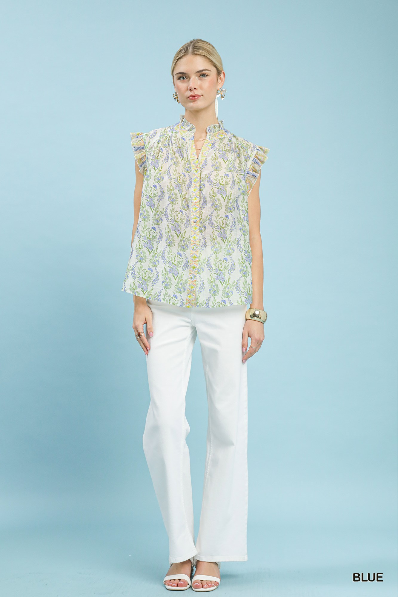Floral Print Flutter Sleeve Split Neck Top, image 4