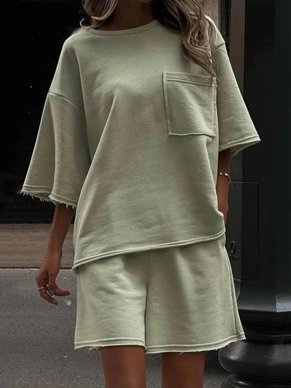 Pocketed Round Neck Half Sleeve Top and Shorts Set, image 3
