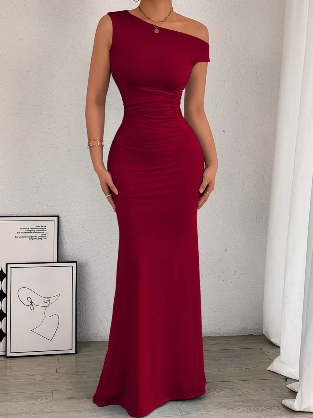 One-Shoulder Ruched Bodycon Maxi Dress, image 21