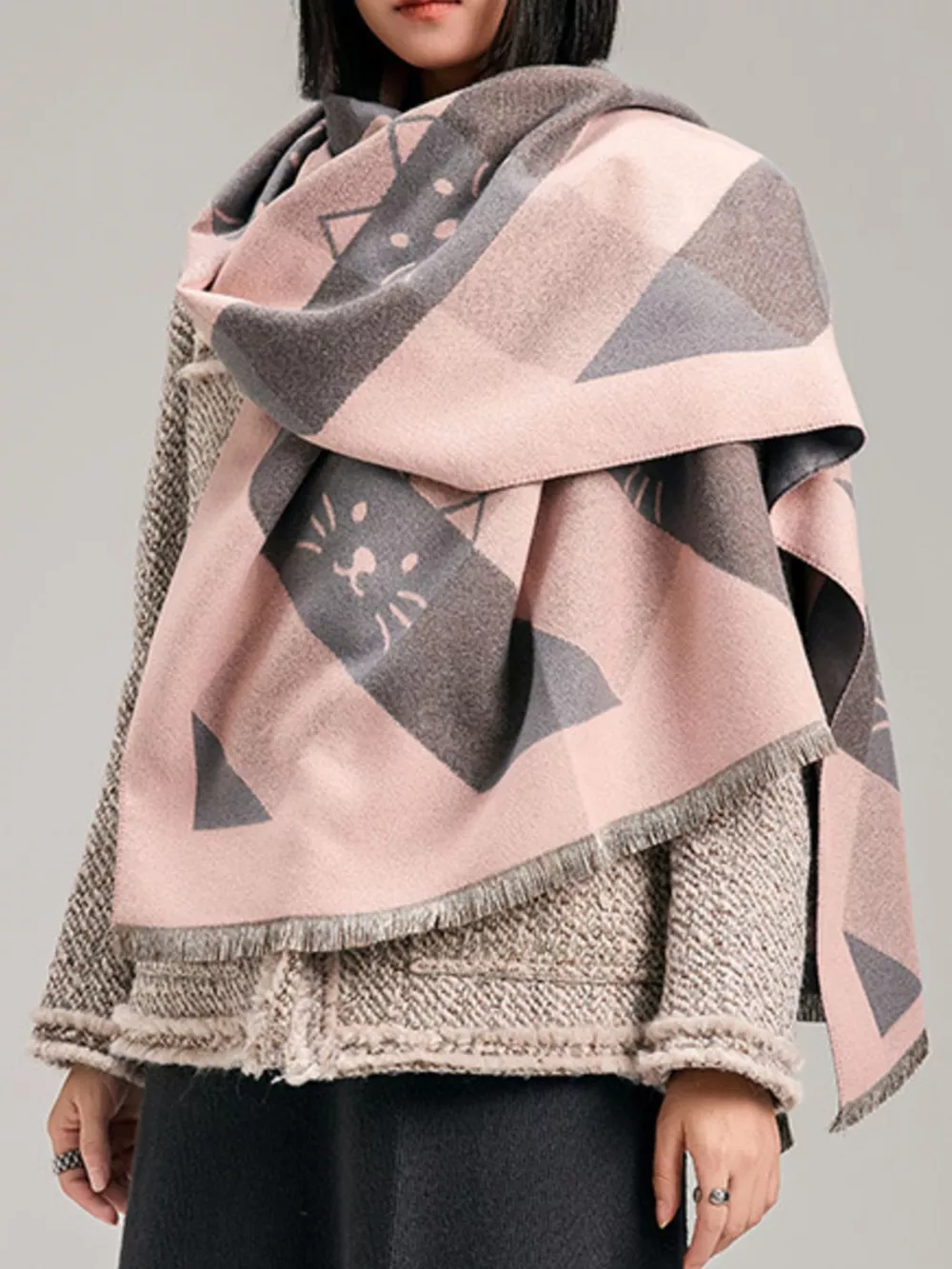 Cute Cat Pattern Plaid Raw Hem Scarf, image 7
