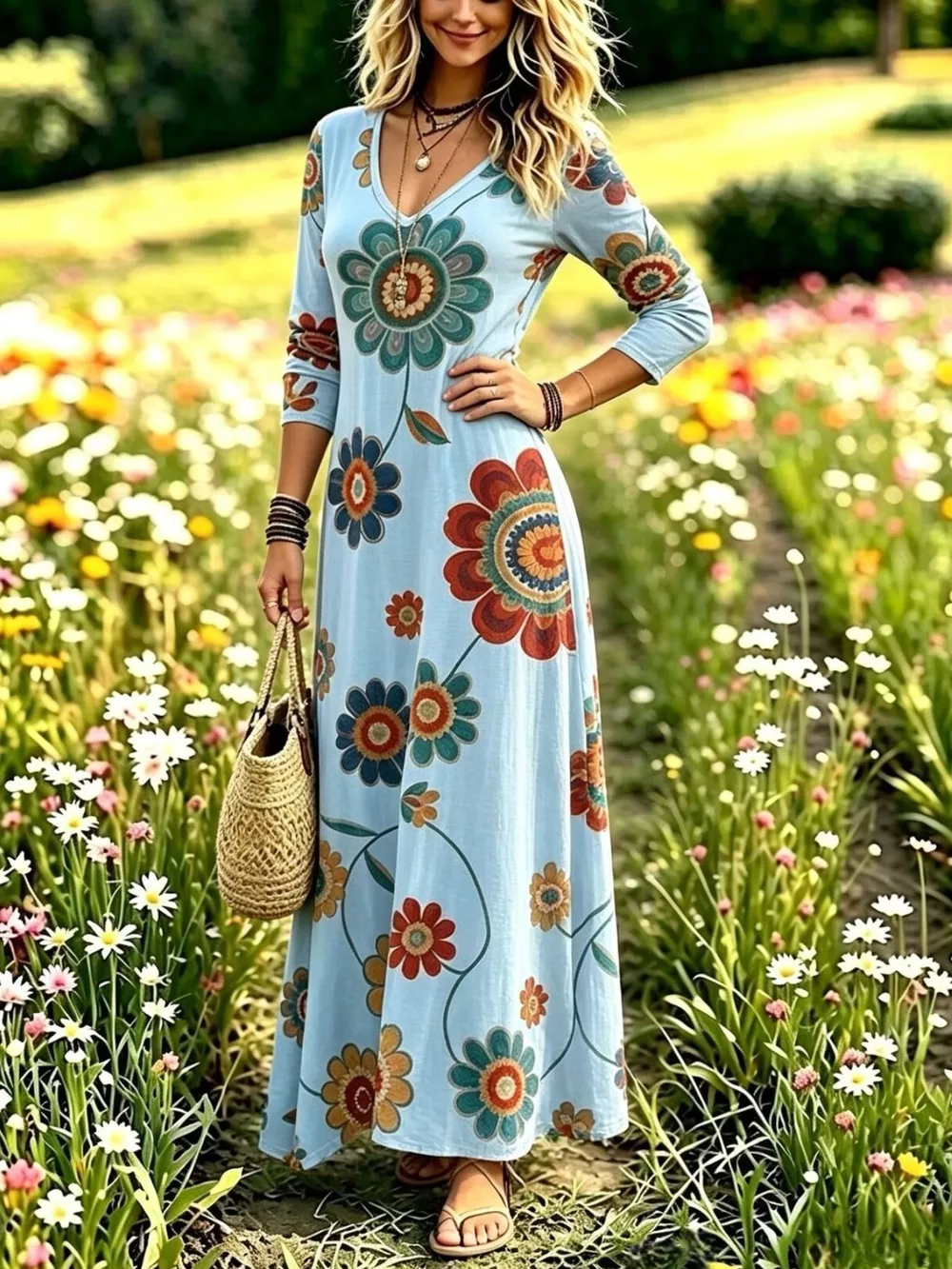 Floral Print V-Neck Long Sleeve Maxi Dress, image 8