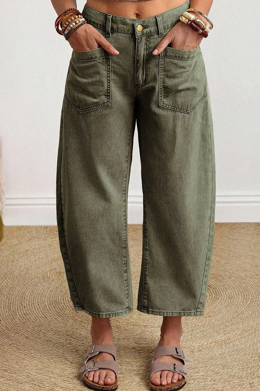 Four Leaf Clover Solid Color Square Patch Pocket Ankle-length Barrel Jeans, image 3