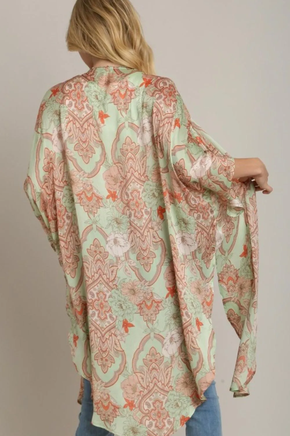 Full Size Mixed Print Open Front Kimono with Ruffle Sleeves Plus Size, image 3