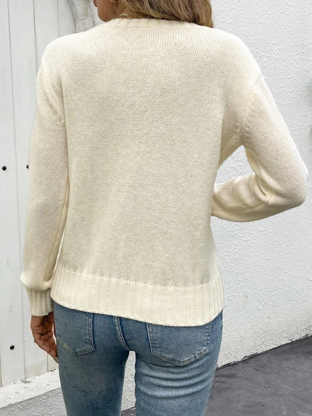 Openwork Round Neck Long Sleeve Sweater, image 2