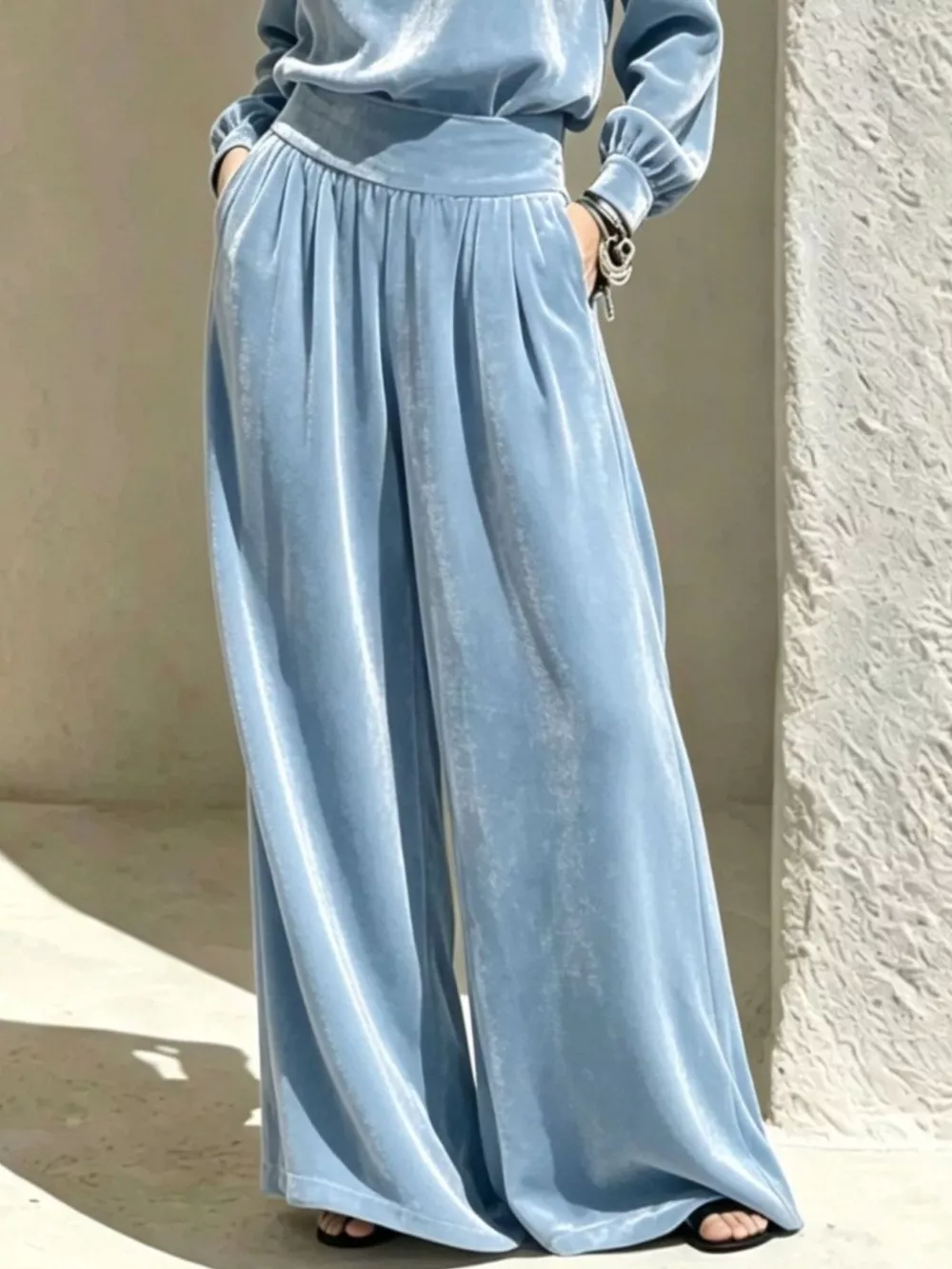 Velvet Mock Neck Long Sleeve Top and Wide-Leg Pants Set, image 4