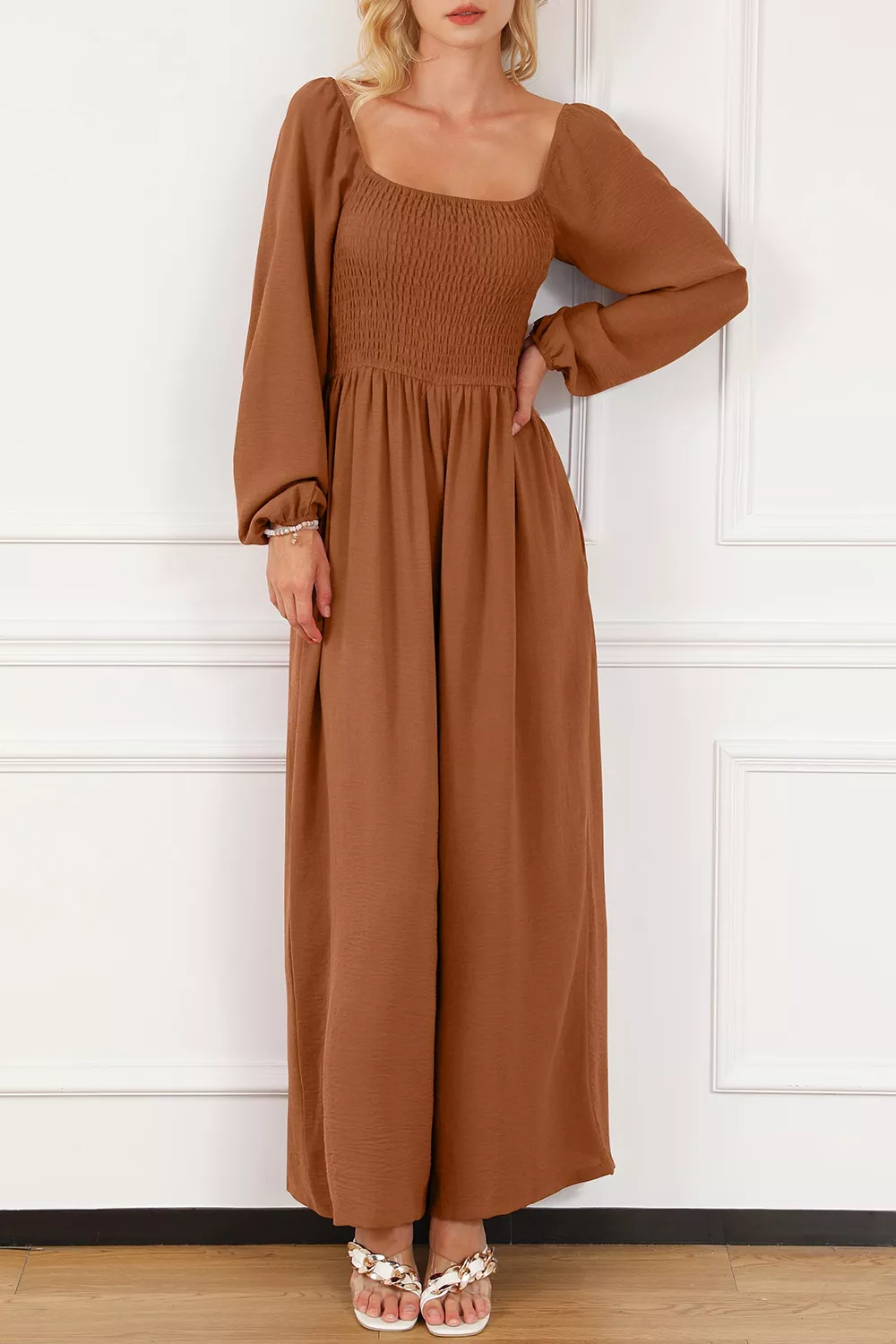 Boho Smocked Square Neck Wide Leg Jumpsuit, image 3