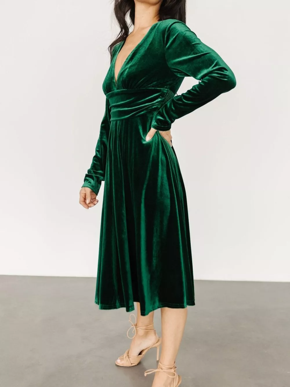 Velvet Deep V-Neck Long Sleeve Dress, image 3