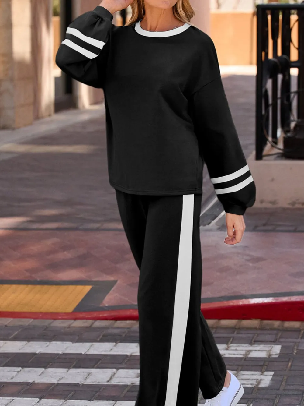 Contrast Trim Round Neck Top and Pants Set, image 6