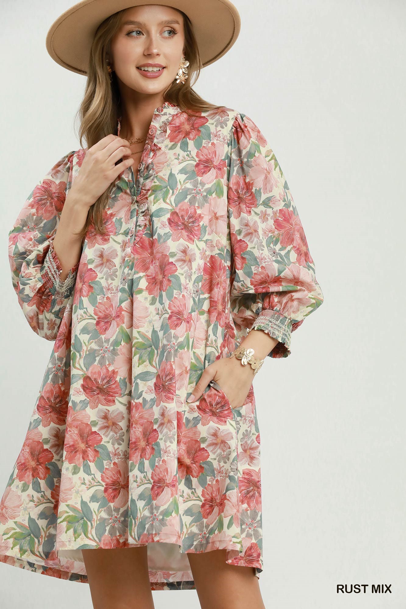 Mix Floral Print Smocked Cuff Mini Dress