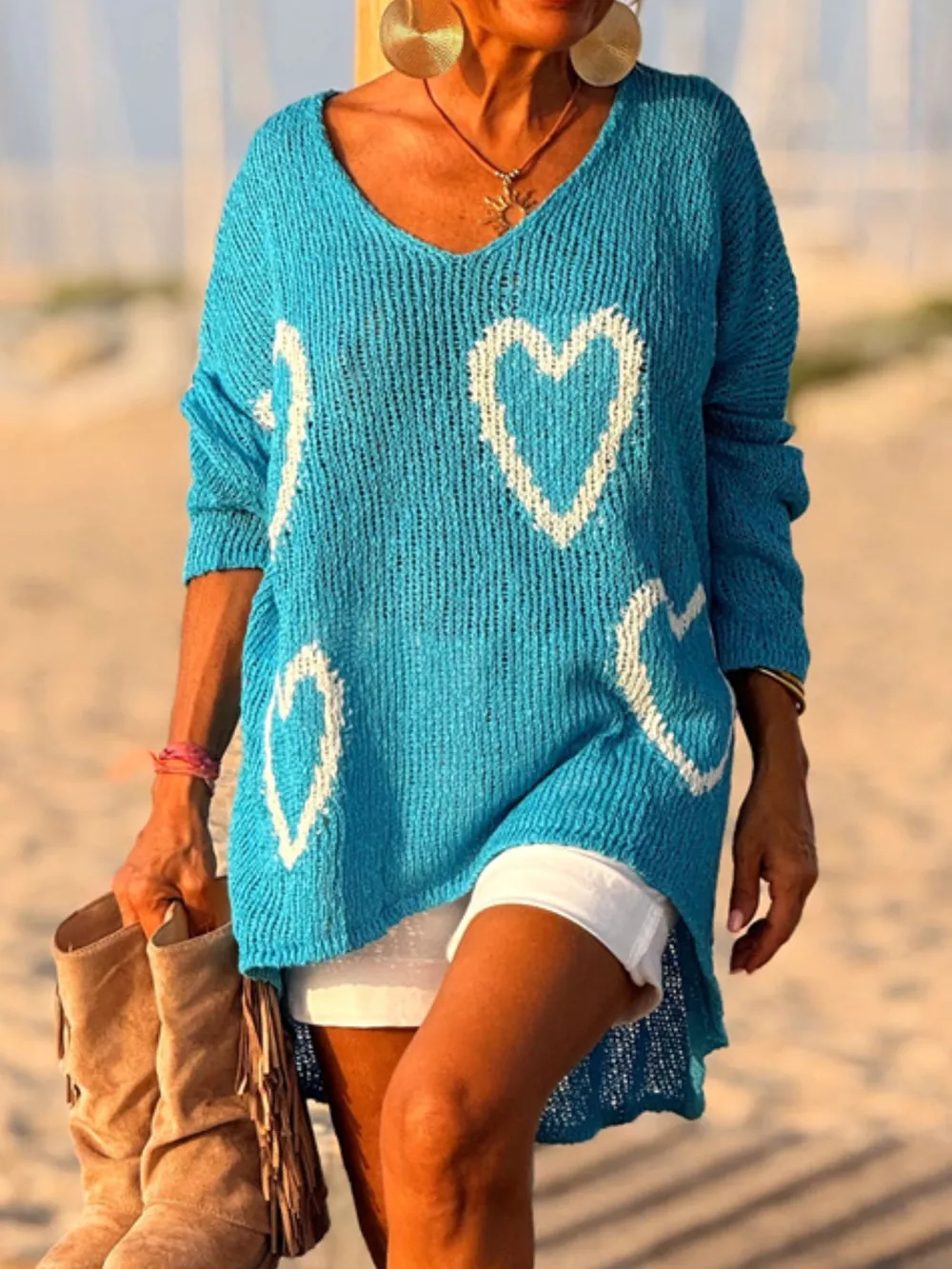 Heart V-Neck Dropped Shoulder Sweater, image 12