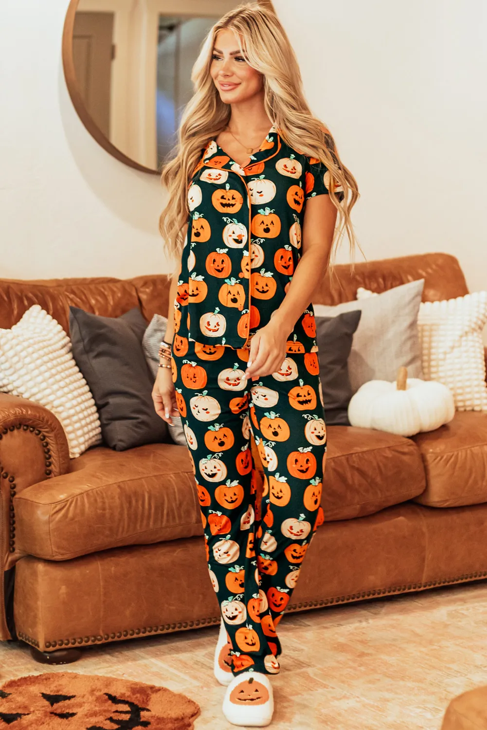 Pumpkin Printed Short Sleeve Top and Pants Lounge Set, image 5