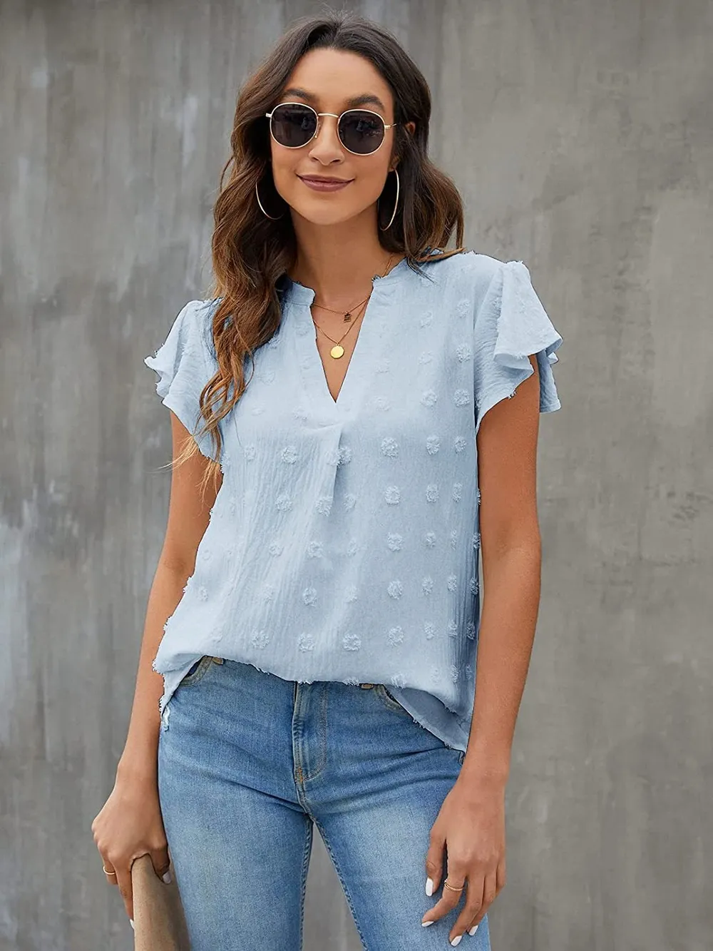 Swiss Dot Notched Flutter Sleeve Blouse, image 19