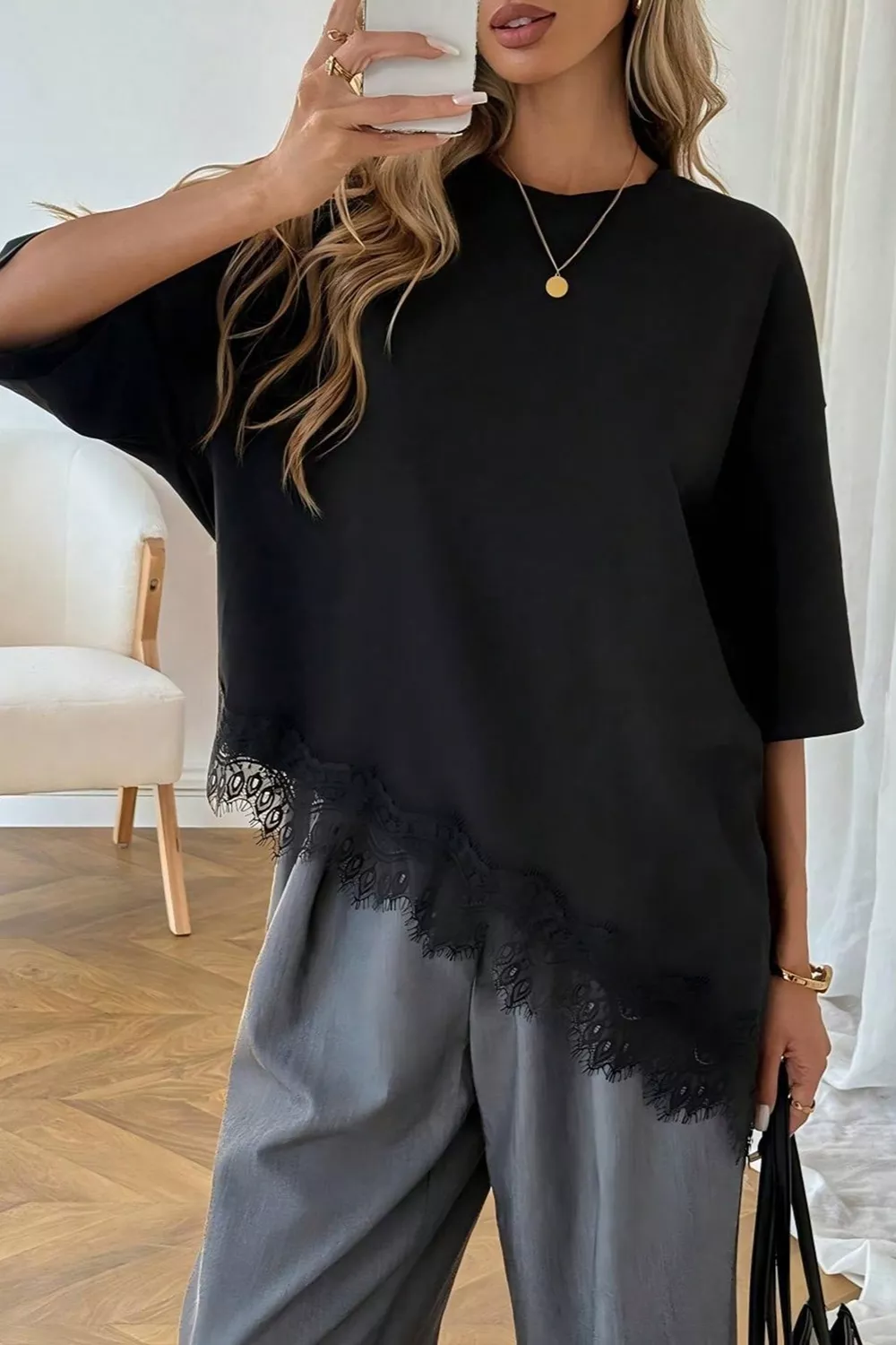 Lace Asymmetrical Hem Round Neck T-Shirt, image 2