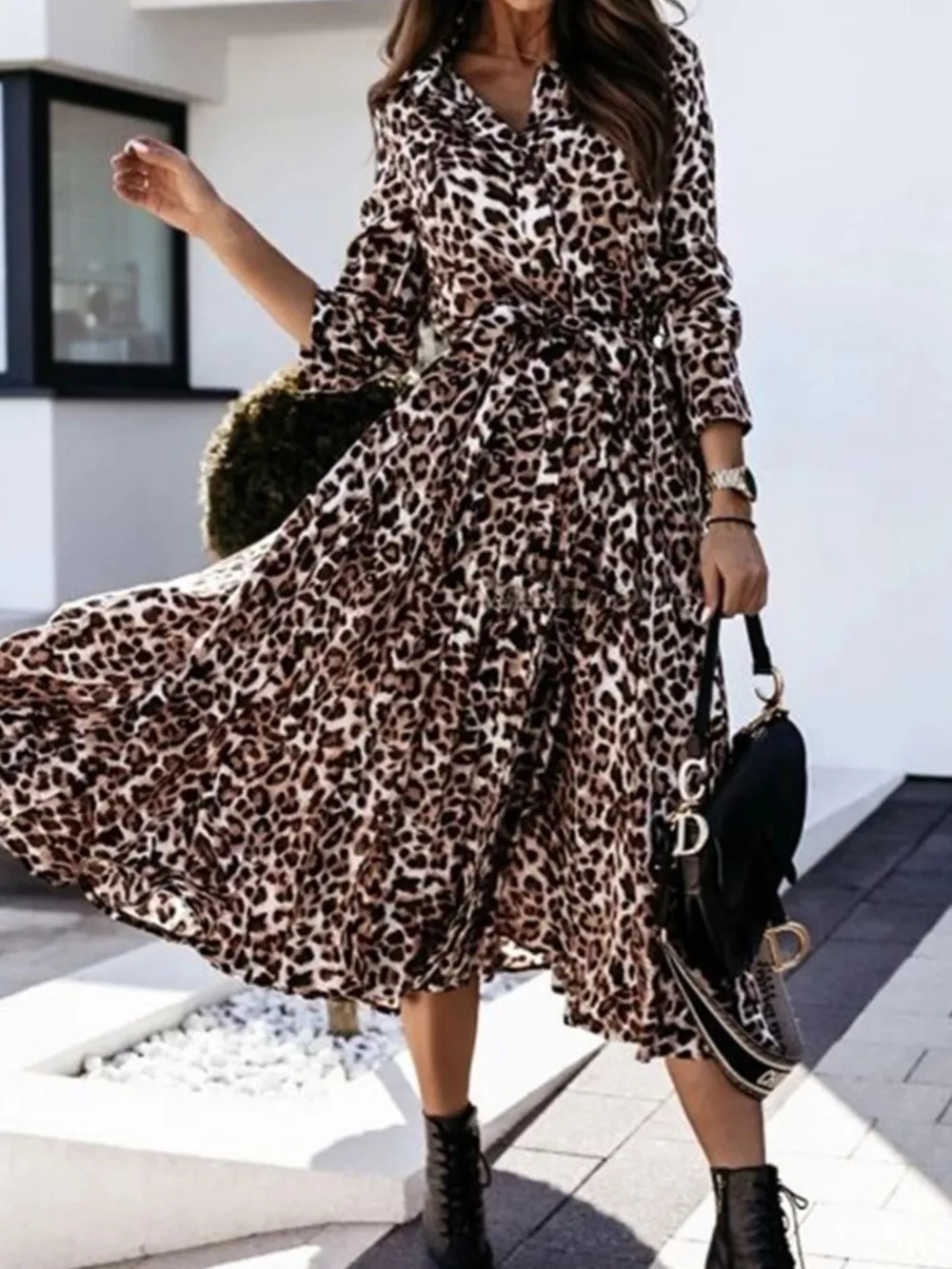 Leopard Print Button-Down Midi Dress with Belt, image 6