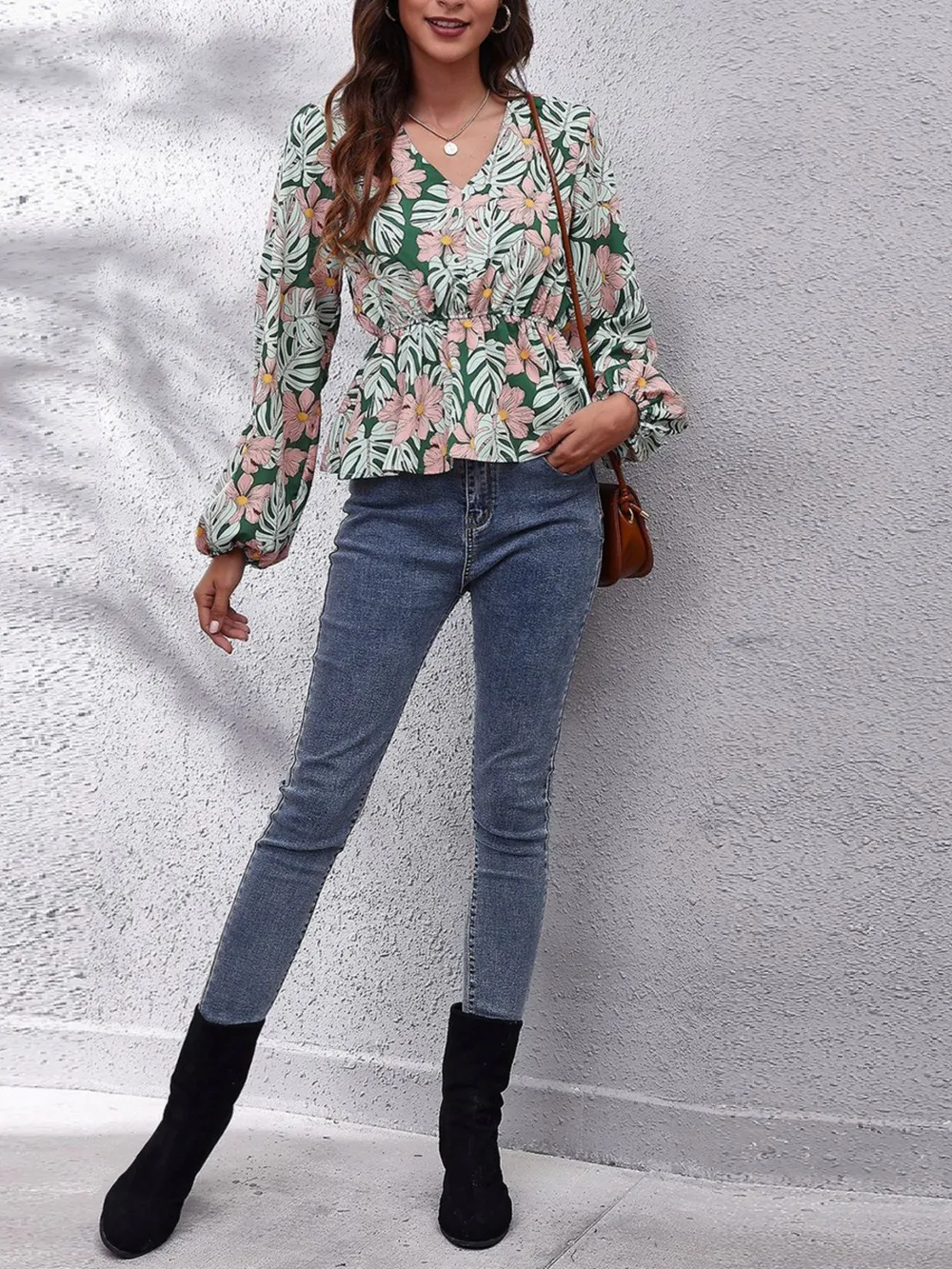 Floral V-Neck Balloon Sleeve Blouse, image 7