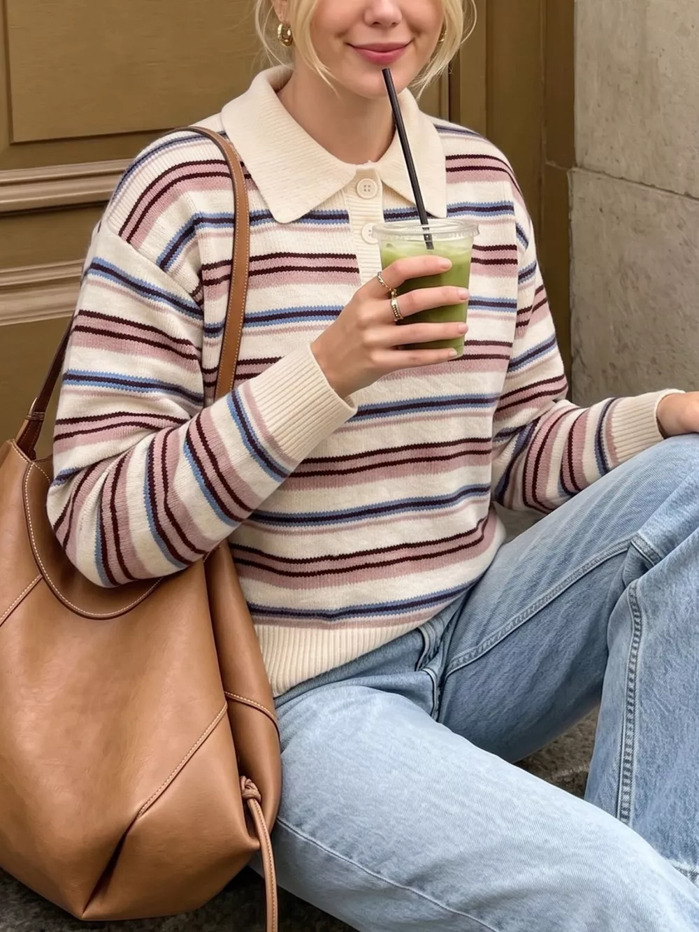 Striped Polo Collar Sweater, image 3