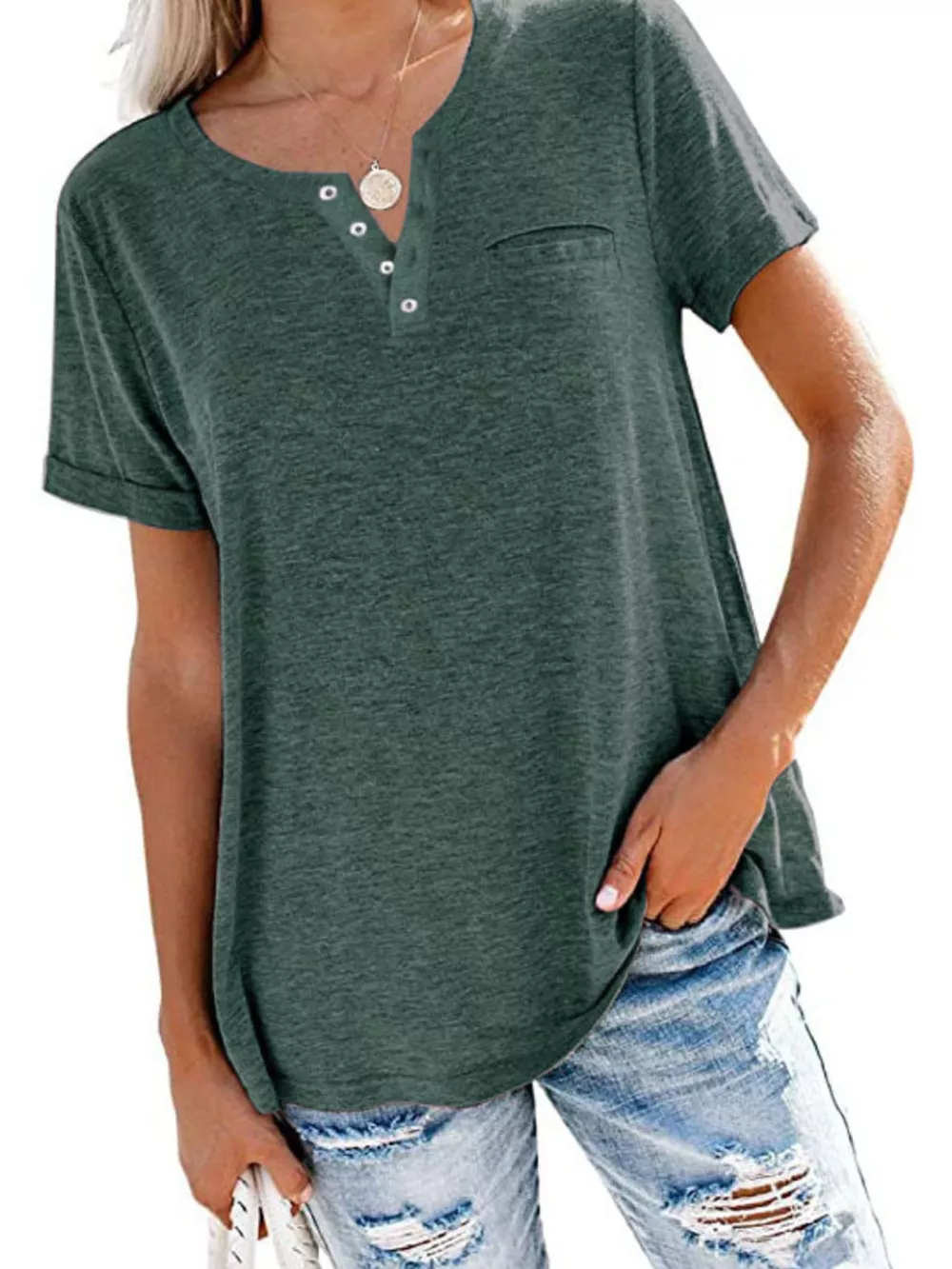 Full Size Casual Button-Front Pocket T-Shirt Plus Size, image 6