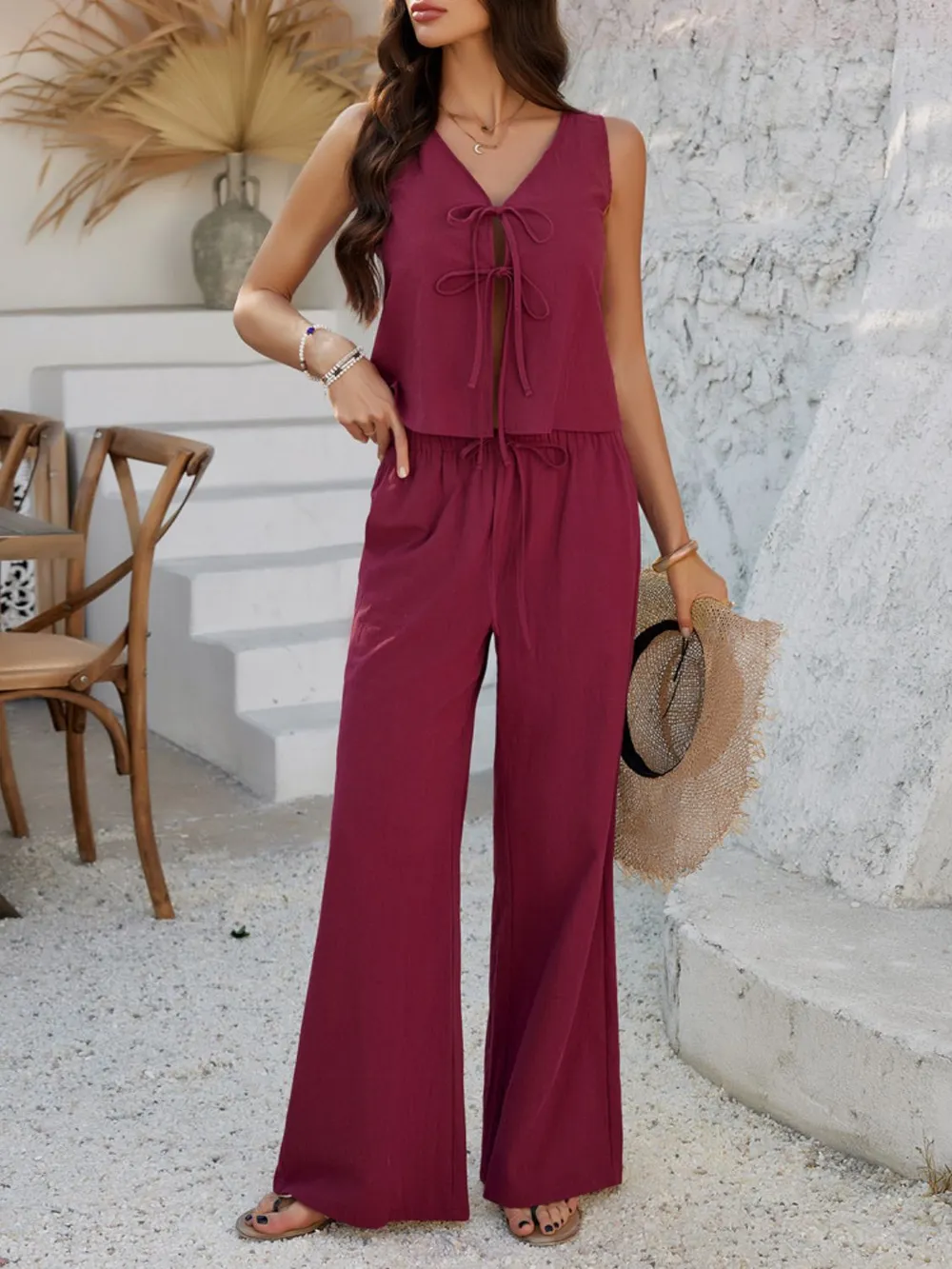 Tied V-Neck Sleeveless Top and Pants Set, image 15
