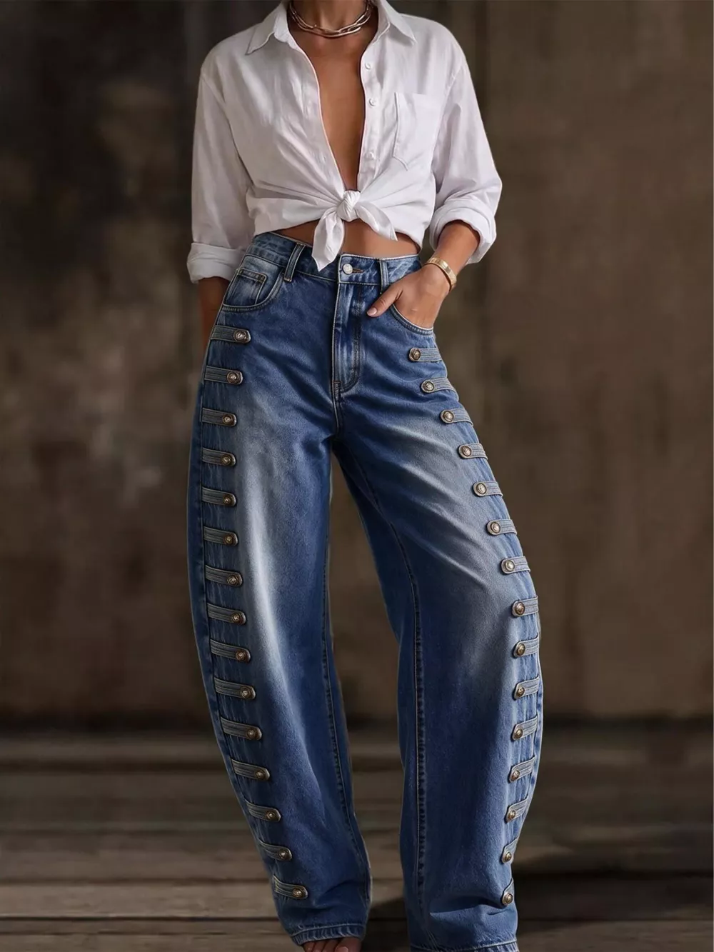 Decorative Button Wide Leg Jeans, image 2