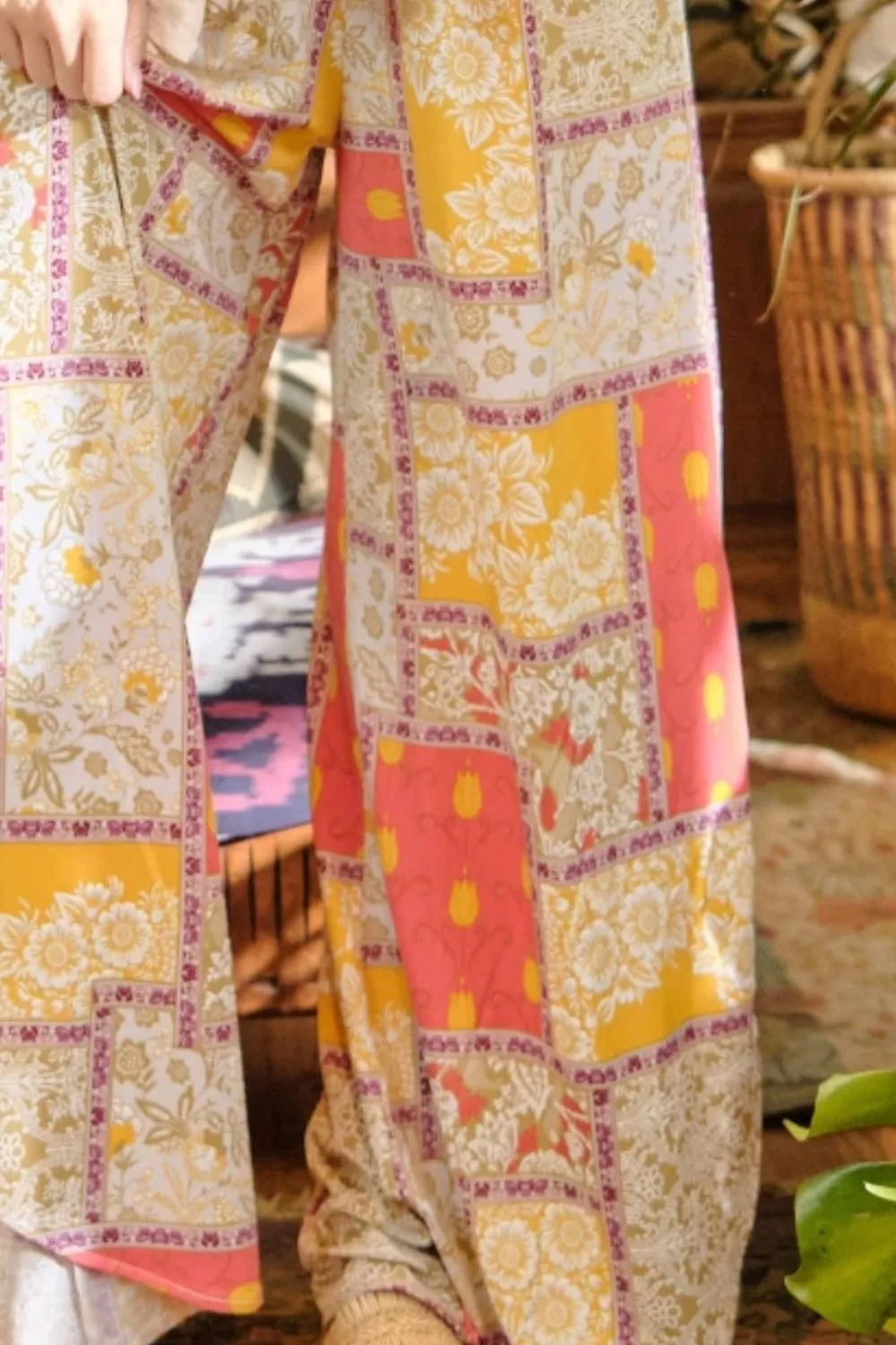 Printed Smocking Waist Side Slit Wide Leg Pants, image 3