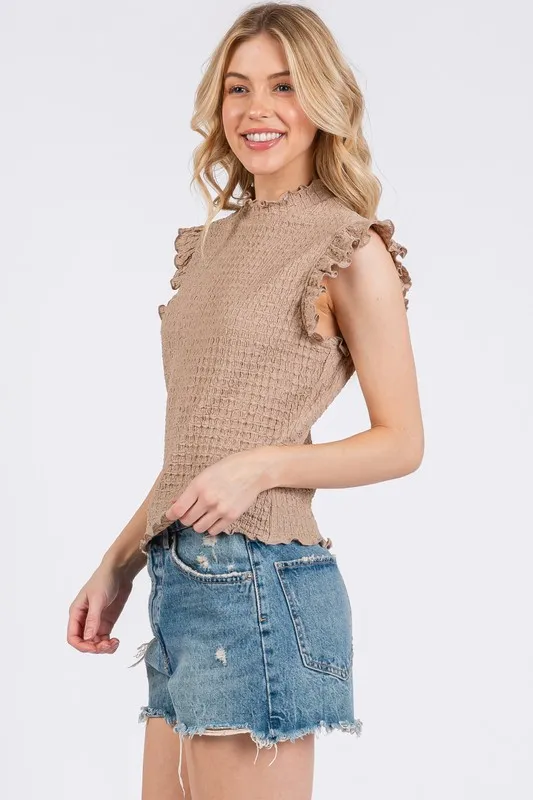 Ces Femme Texture Mock Neck Ruffle Cap Sleeve Blouse, image 3