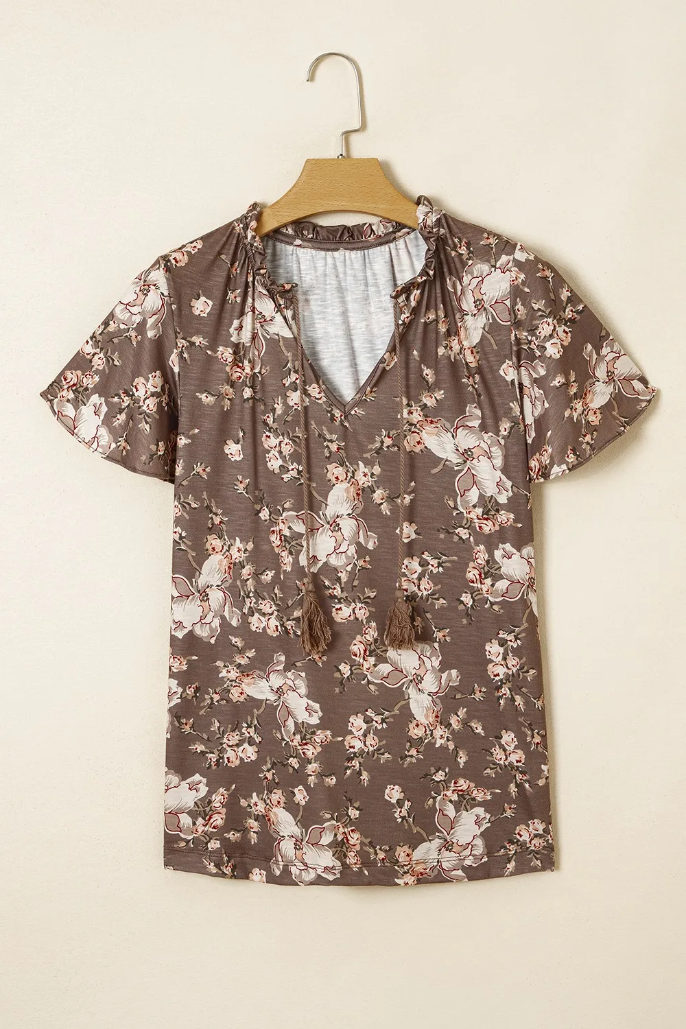 Floral Print Tassel Tie Split Neck Short Sleeve Blouse, image 4