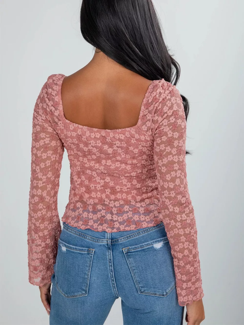 Drawstring Knot Detail Floral Lace Blouse, image 3