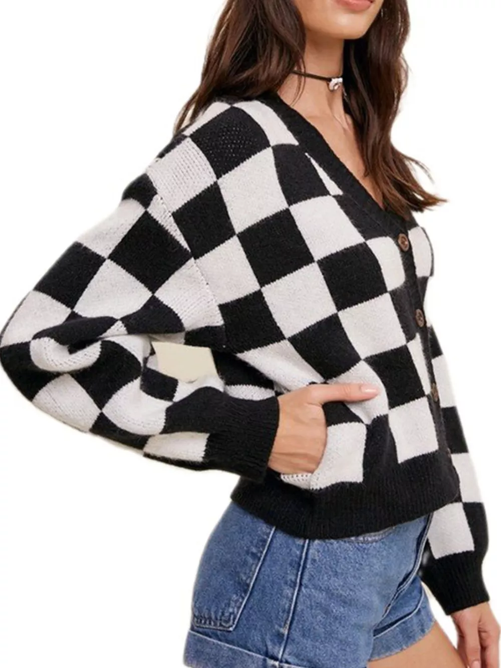 Checkerboard Pattern Button-Down Cardigan, image 4