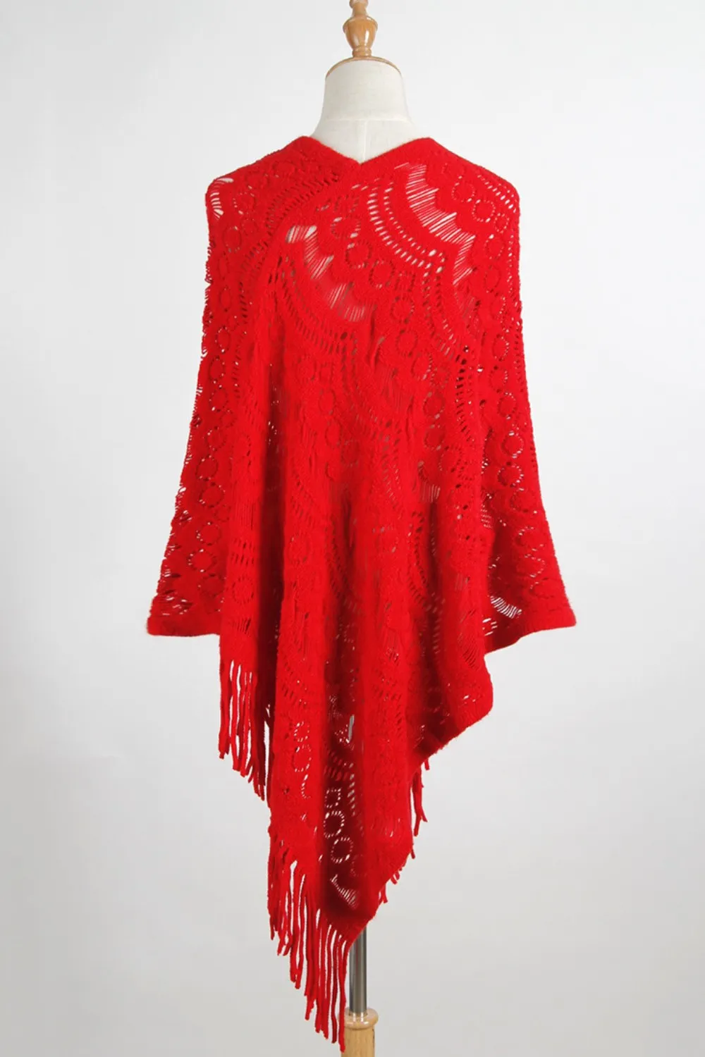 Fringe Openwork Surplice Cape Sleeve Poncho, image 9