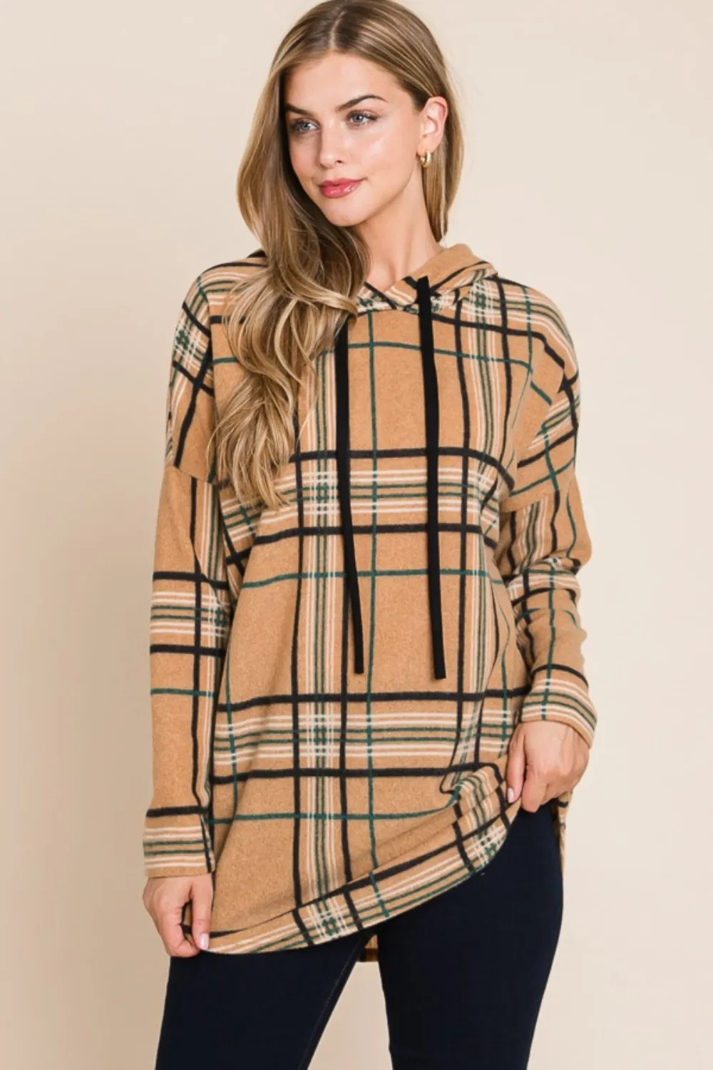 Drawstring Plaid Long Sleeve Hoodie, image 3