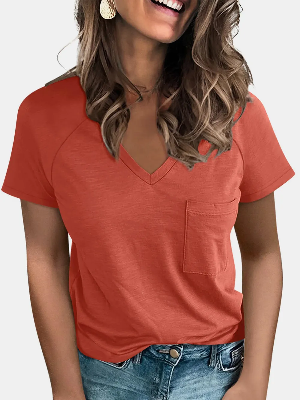 Pocketed V-Neck Short Sleeve T-Shirt, image 9