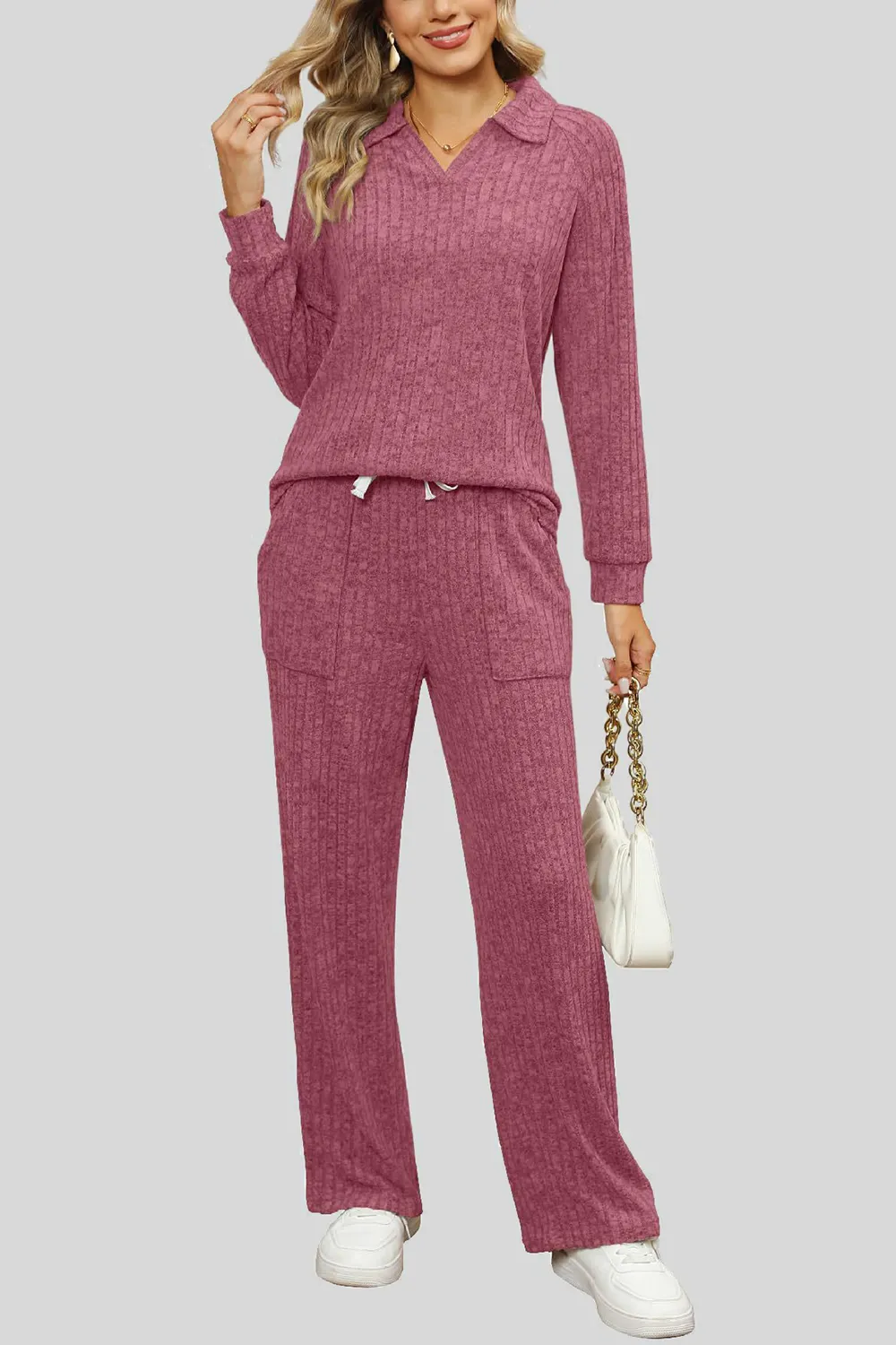 Ribbed Long Sleeve Top and Pocketed Pants Set, image 13