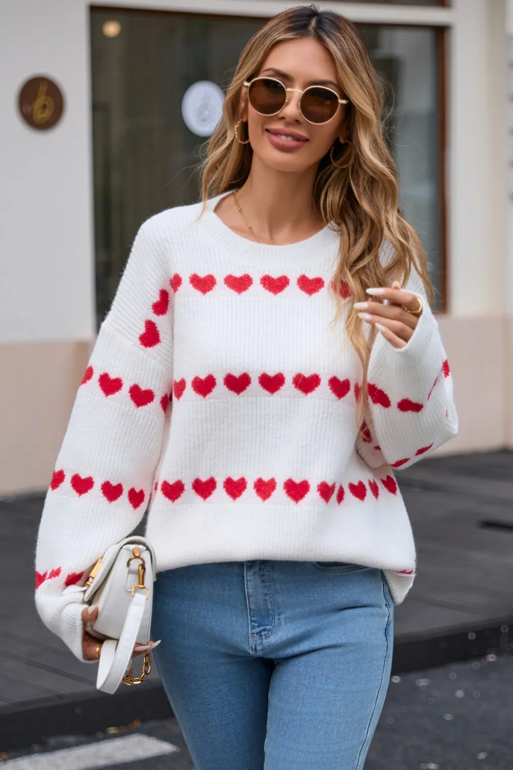 Heart Round Neck Long Sleeve Sweater, image 2