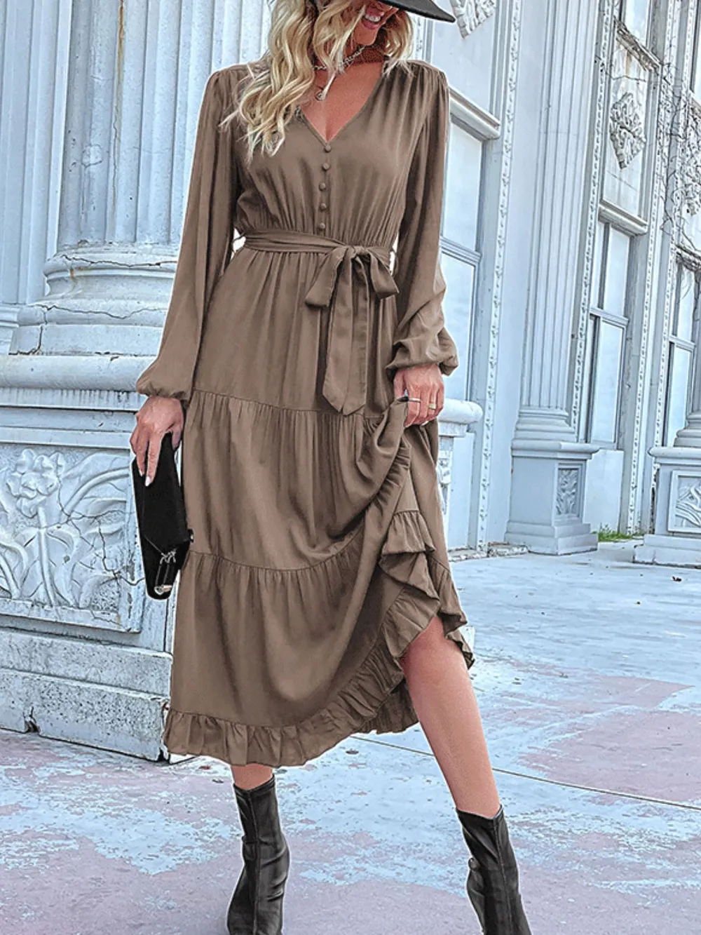 Ruffled Hem V-Neck Balloon Sleeve Dress, image 17